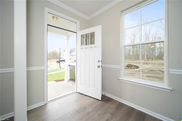 entryway featuring baseboards, wood finished floors, a wealth of natural light, and crown molding