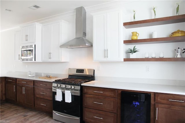 2229 Captiva Ln, Chesapeake, VA 23321 - kitchen featuring open shelves, stainless steel appliances, wine cooler, and wall chimney range hood