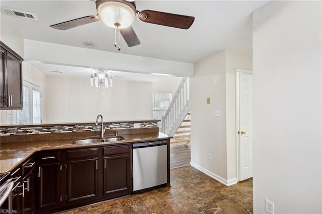 kitchen with dark brown cabinets, dishwasher, visible vents, and a sink