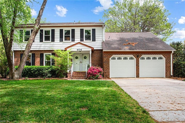 view of front facade featuring brick siding, an attached garage, driveway, and a front lawn