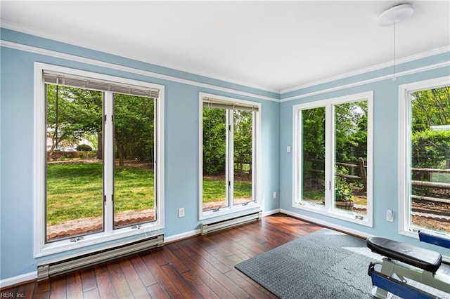 interior space with baseboard heating, baseboards, and dark wood-style flooring