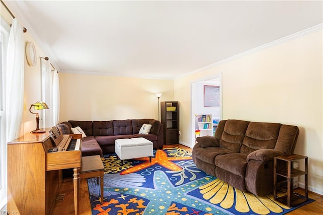 living area with baseboards, wood finished floors, and crown molding