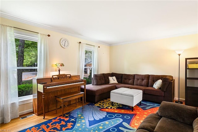 living room with ornamental molding, wood finished floors, and visible vents