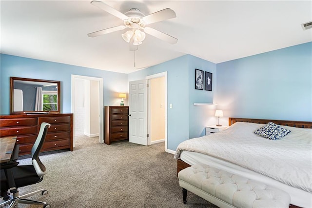 bedroom featuring carpet, visible vents, baseboards, and ceiling fan