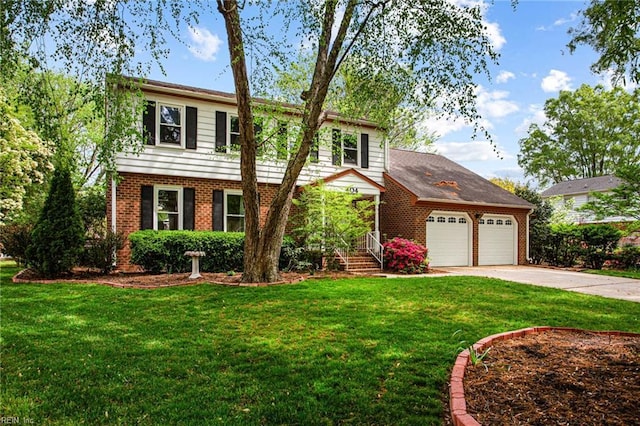 view of front facade with brick siding, driveway, a front lawn, and a garage