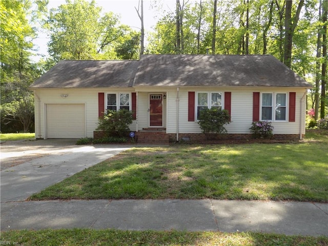 ranch-style home with a front lawn, concrete driveway, entry steps, an attached garage, and a shingled roof