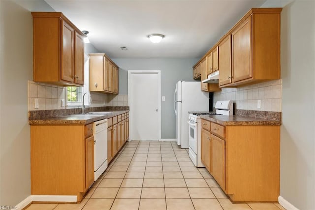 kitchen featuring under cabinet range hood, backsplash, dark countertops, a sink, and white appliances