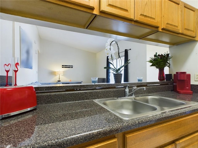 details featuring dark countertops, brown cabinets, and a sink