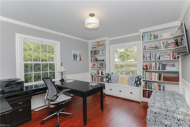office space with dark wood-style flooring, a wealth of natural light, and ornamental molding