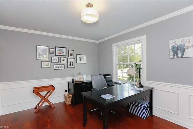 office with a decorative wall, crown molding, a wainscoted wall, and wood finished floors