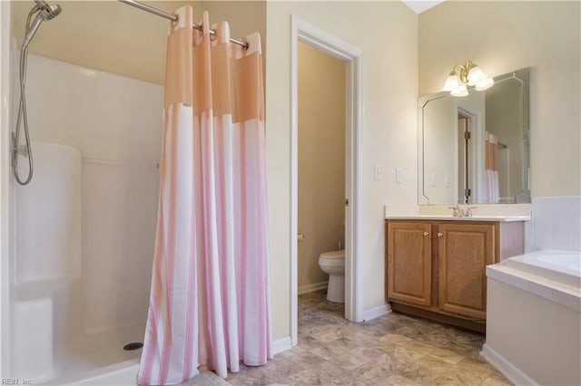 3733 Captain Wynne Dr, Williamsburg, VA 23185 - bathroom featuring toilet, a shower with curtain, a garden tub, and vanity