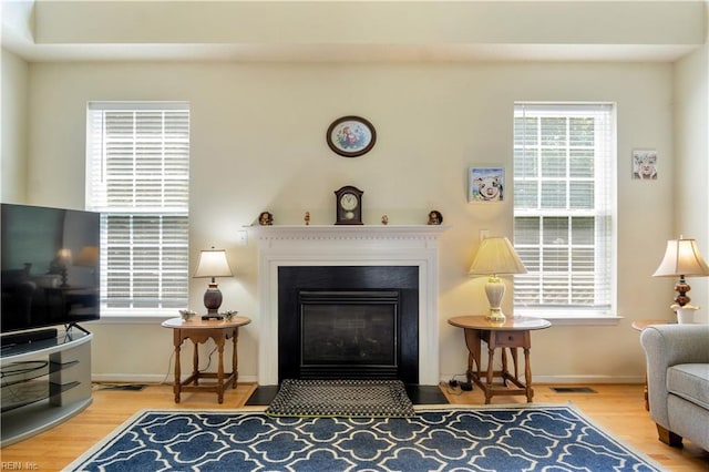 3733 Captain Wynne Dr, Williamsburg, VA 23185 - living area featuring a fireplace with flush hearth, baseboards, wood finished floors, and visible vents