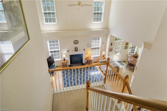 3733 Captain Wynne Dr, Williamsburg, VA 23185 - interior space featuring a fireplace with flush hearth, carpet floors, ceiling fan, and a high ceiling