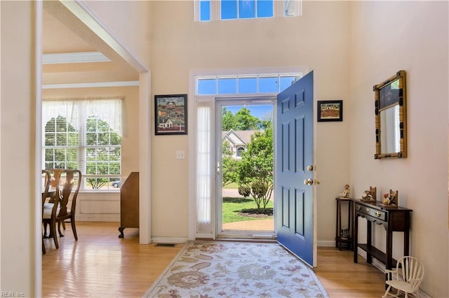 3733 Captain Wynne Dr, Williamsburg, VA 23185 - entryway featuring baseboards, light wood finished floors, and a towering ceiling
