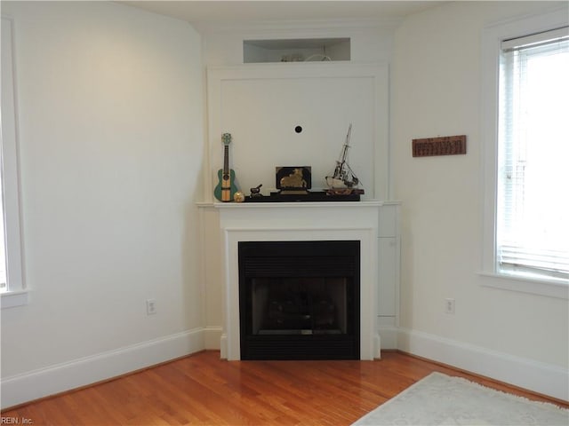 room details with baseboards, wood finished floors, and a large fireplace