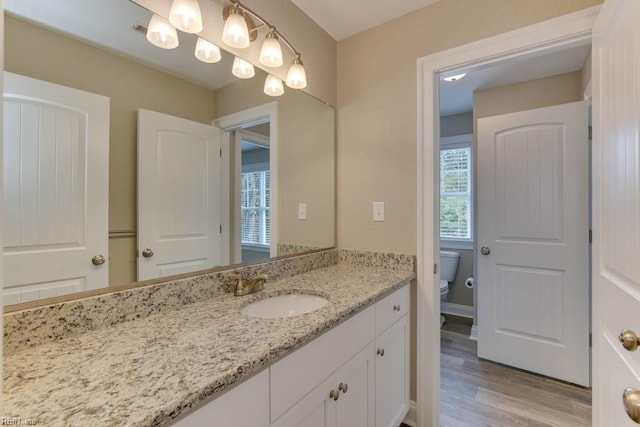 bathroom featuring wood finished floors, toilet, and vanity