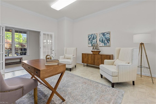 office space with crown molding and baseboards