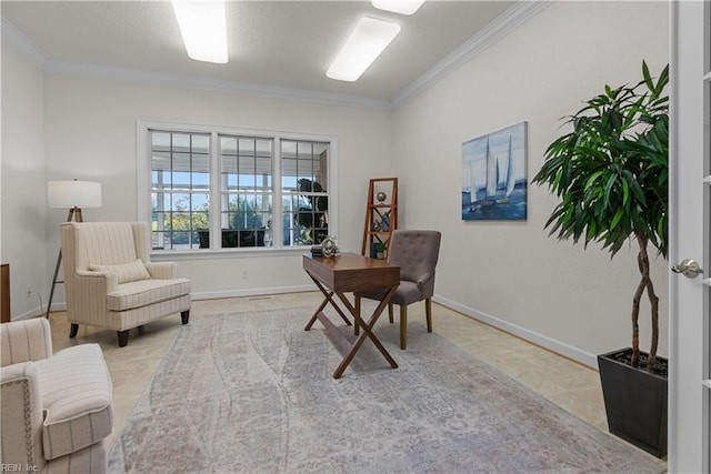office space with baseboards and ornamental molding
