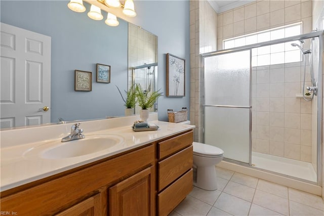 bathroom featuring vanity, tile patterned floors, a stall shower, and toilet