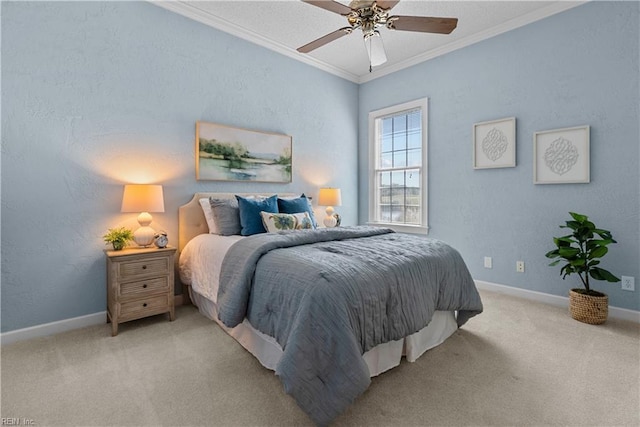 bedroom with crown molding, baseboards, and light carpet