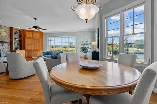 dining space with ornamental molding, ceiling fan with notable chandelier, light wood finished floors, and a textured ceiling