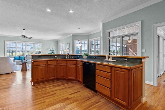 kitchen with brown cabinetry, a textured ceiling, open floor plan, black dishwasher, and light wood-style flooring