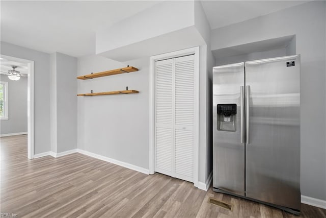 237 Pochin Pl, Hampton, VA 23661 - kitchen with wood finished floors, visible vents, baseboards, stainless steel fridge, and ceiling fan
