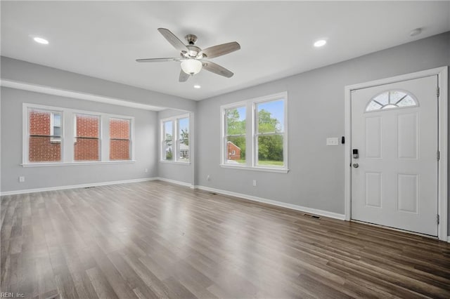 237 Pochin Pl, Hampton, VA 23661 - unfurnished living room with baseboards, a ceiling fan, wood finished floors, and visible vents