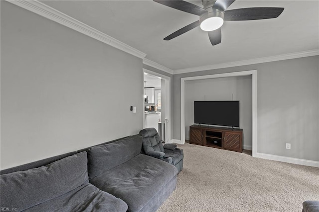212 Cherokee Rd, Hampton, VA 23661 - living area featuring a ceiling fan, baseboards, crown molding, and carpet flooring