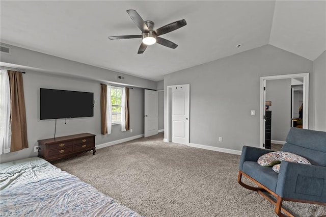 212 Cherokee Rd, Hampton, VA 23661 - bedroom featuring baseboards, visible vents, carpet, lofted ceiling, and a ceiling fan