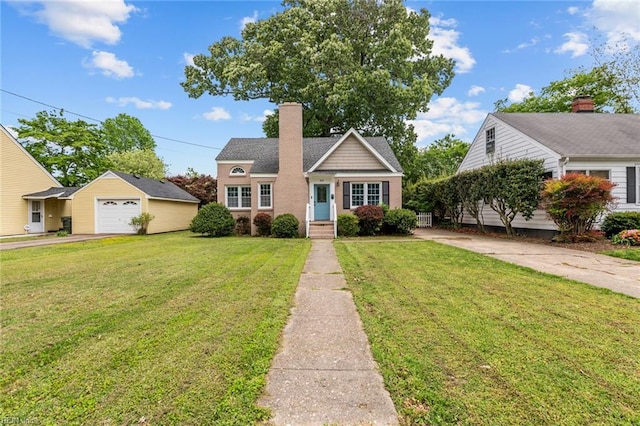 212 Cherokee Rd, Hampton, VA 23661 - bungalow-style house with a chimney, a front lawn, driveway, and a garage