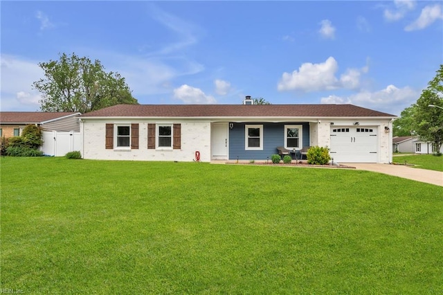 single story home featuring driveway, an attached garage, fence, a front yard, and brick siding