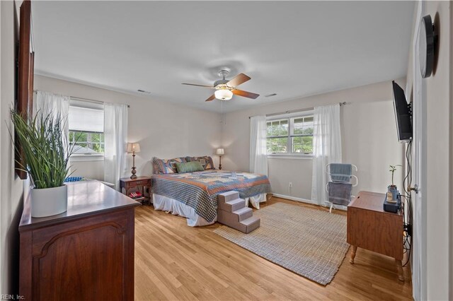 bedroom featuring ceiling fan and light wood-style floors