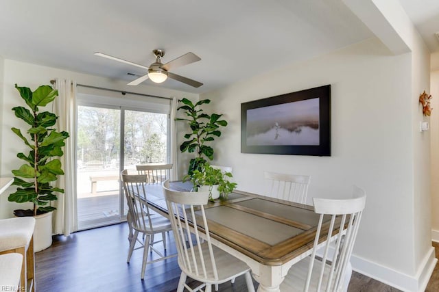 dining room featuring visible vents, baseboards, dark wood-type flooring, and ceiling fan