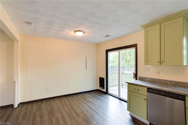20 Mac Alva Dr, Hampton, VA 23669 - kitchen featuring dark wood finished floors, stainless steel dishwasher, green cabinetry, baseboards, and visible vents