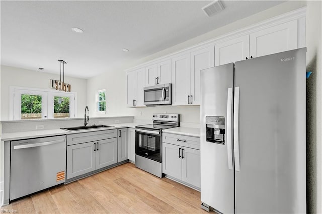 kitchen featuring stainless steel appliances, light countertops, visible vents, a sink, and light wood-style floors