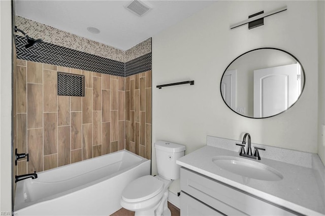full bath featuring bathtub / shower combination, visible vents, vanity, and toilet