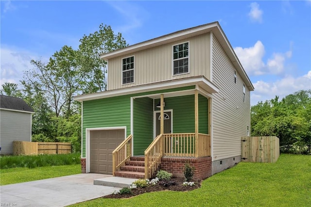 view of front of house featuring crawl space, driveway, board and batten siding, fence, and a garage