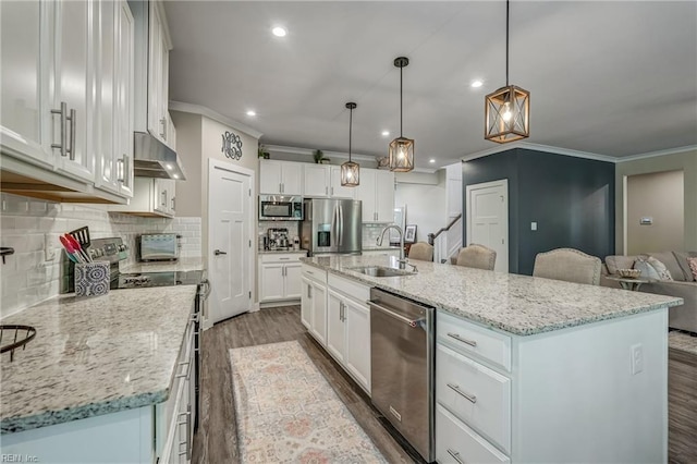 kitchen with dark wood-style flooring, a sink, ornamental molding, appliances with stainless steel finishes, and under cabinet range hood