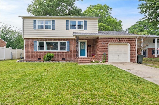 view of front facade with fence, concrete driveway, brick siding, and an attached garage