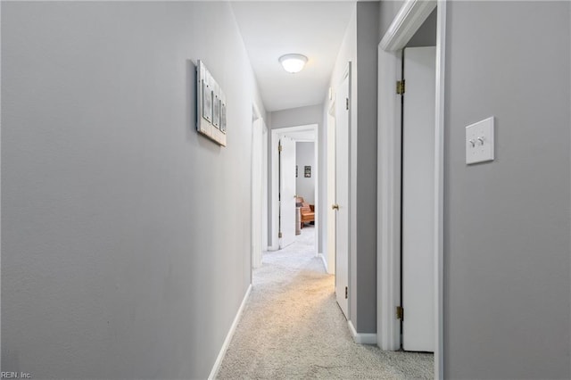 hall featuring baseboards and light colored carpet