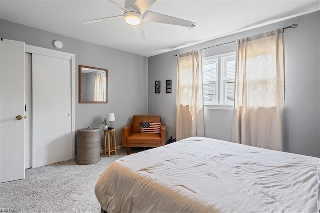 bedroom with a closet, ceiling fan, and carpet