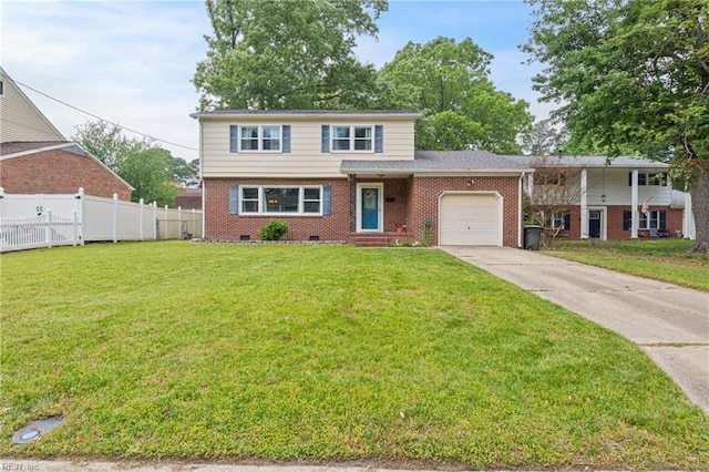 view of front of property featuring fence, an attached garage, driveway, brick siding, and a front yard