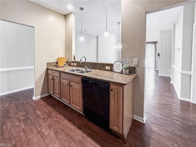 1004 Christiana Cir, Portsmouth, VA 23703 - kitchen with light stone counters, a sink, decorative light fixtures, black dishwasher, and dark wood-style floors