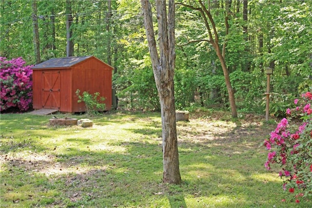 view of yard featuring an outbuilding, a wooded view, and a storage shed