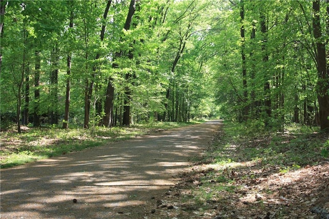 view of street featuring a forest view