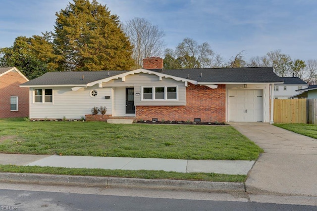 single story home featuring a chimney, concrete driveway, fence, a garage, and a front yard
