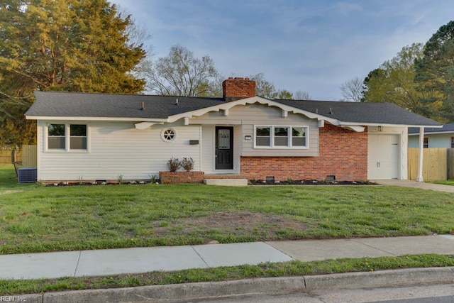 single story home featuring cooling unit, a chimney, fence, a garage, and a front yard
