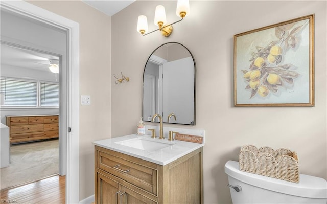 bathroom with wood finished floors, vanity, and toilet