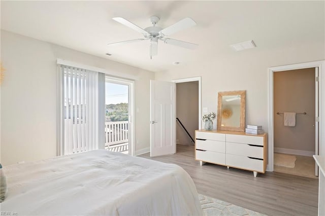 bedroom with light wood-style flooring, a ceiling fan, baseboards, and access to outside